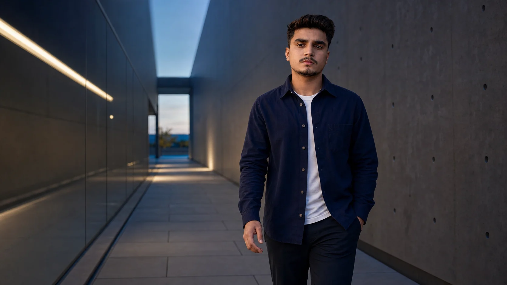 Muhammad Haroon walking through a modern architectural workspace