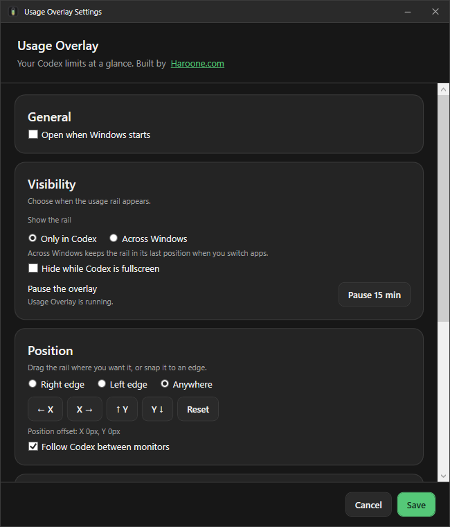 Usage Overlay Settings showing visibility, position and pause controls