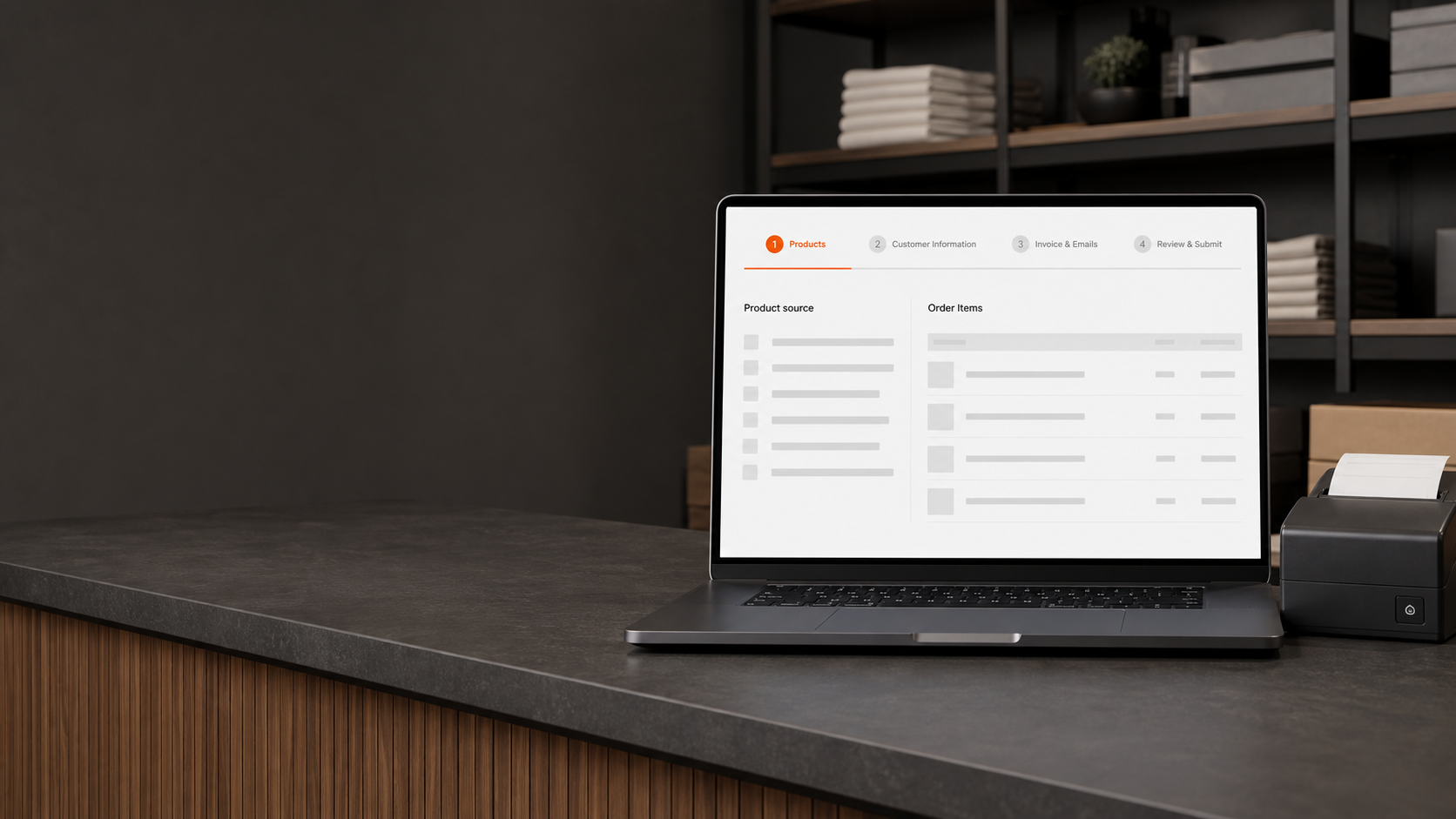 An anonymized four-step Magento in-store order workflow displayed on a retail counter laptop