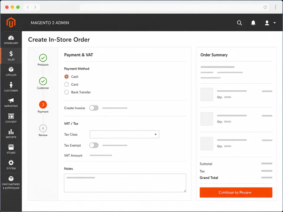Magento Admin in-store order workflow showing the Payment and VAT stage