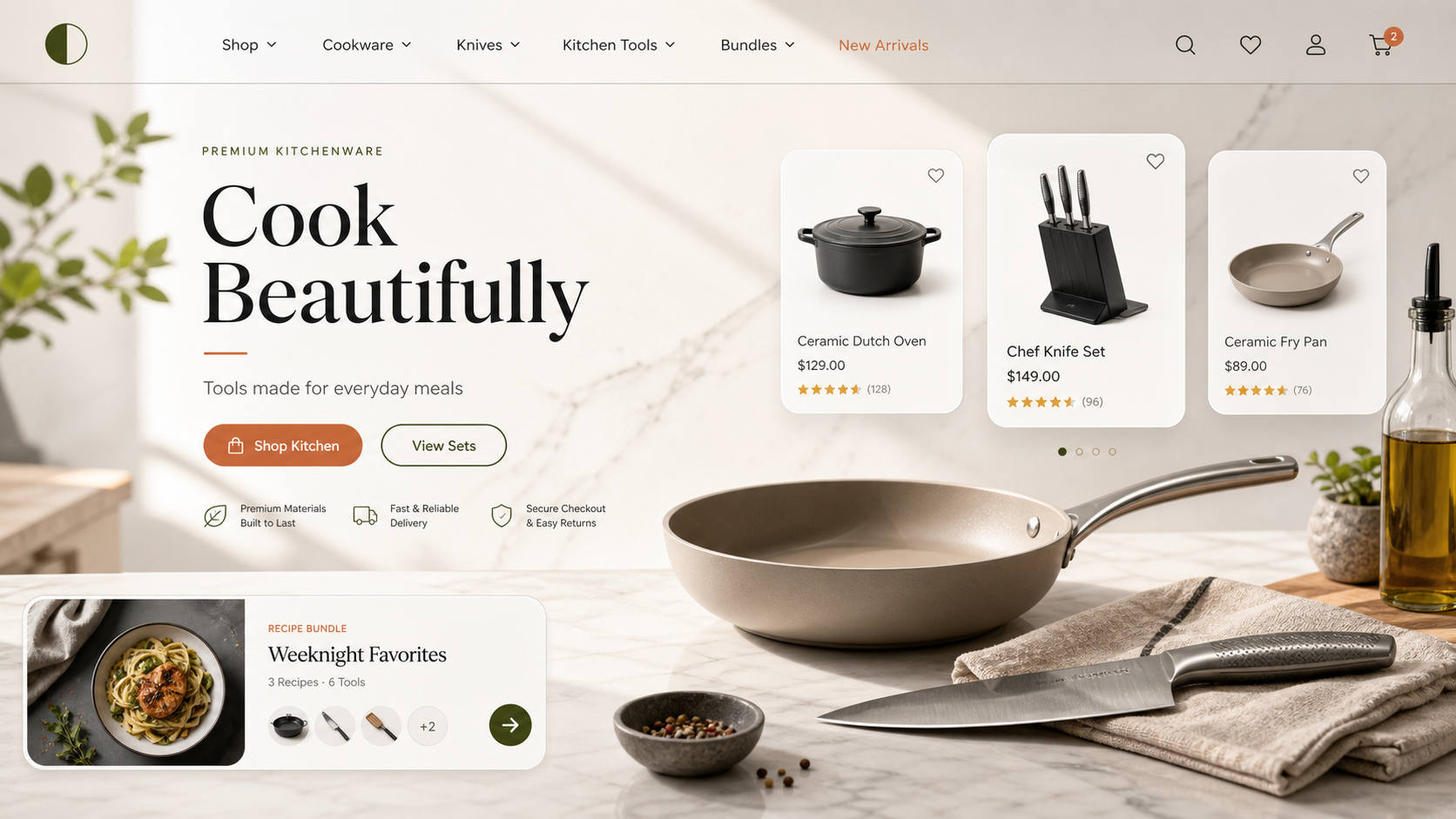 Premium Kitchenware ecommerce website design mockup