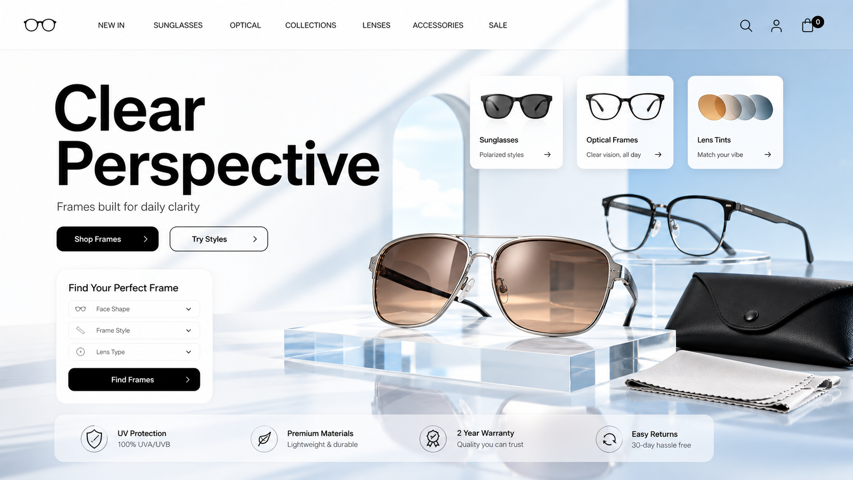 Premium Eyewear Studio ecommerce website design mockup