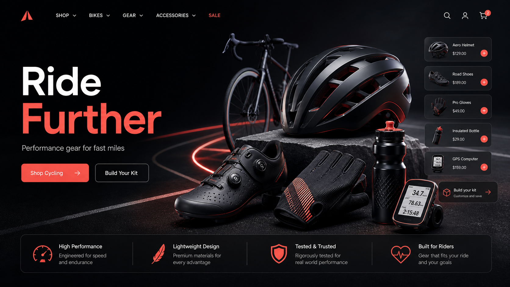 Cycling Gear Storefront ecommerce website design mockup