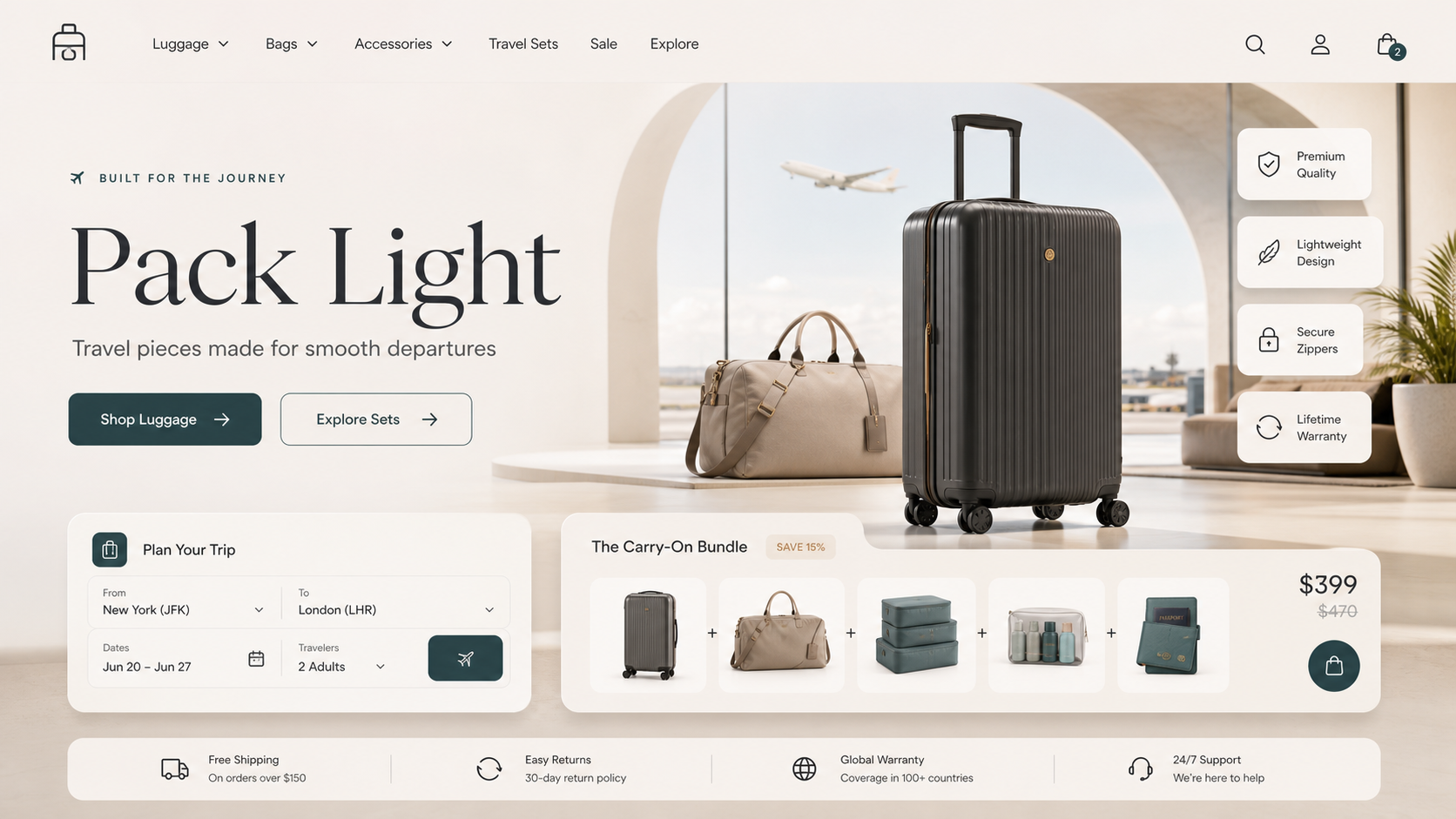Premium Travel Luggage ecommerce website design mockup