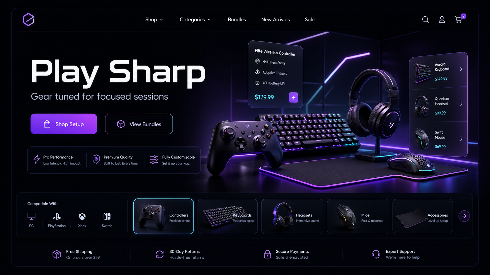 Gaming Accessories Shop ecommerce website design mockup