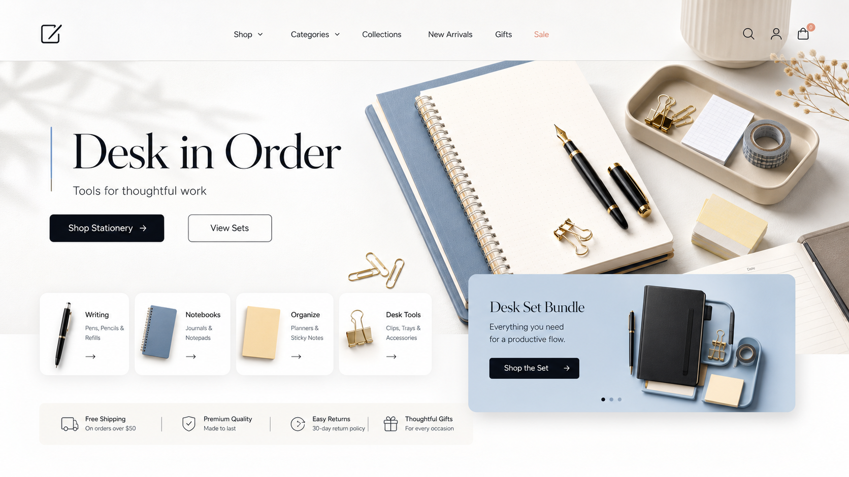 Premium Stationery Store ecommerce website design mockup