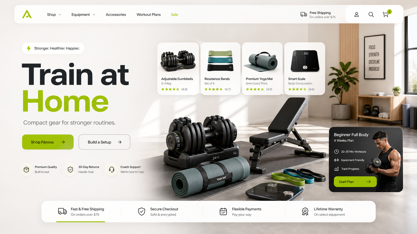 Home Fitness Equipment ecommerce website design mockup