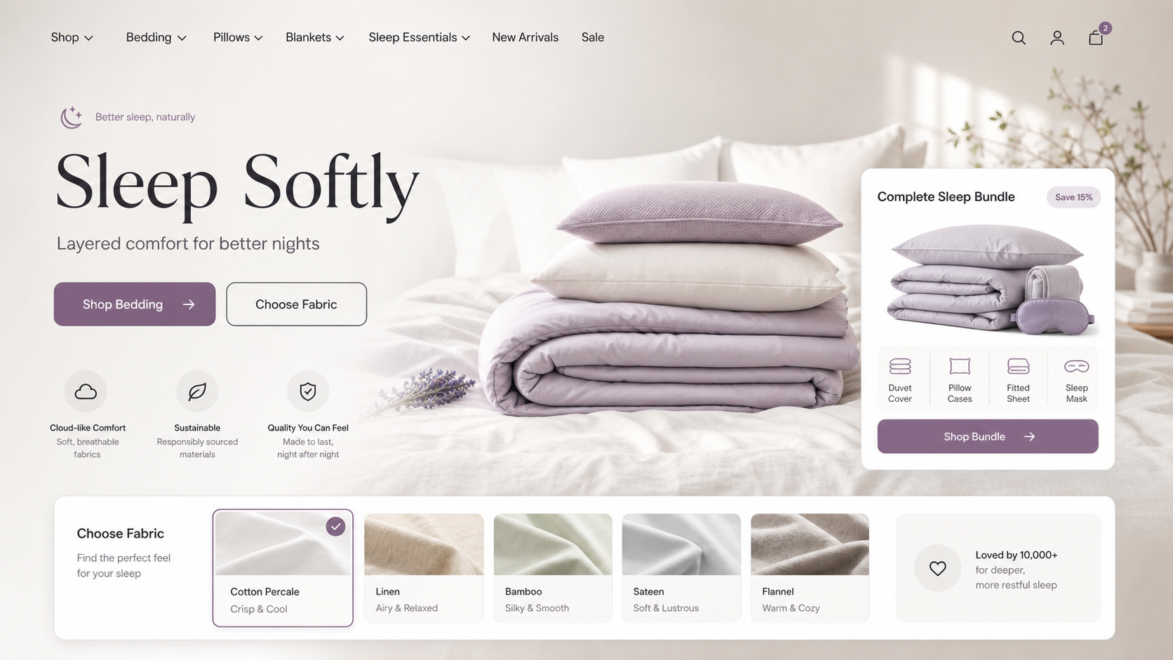 Premium Bedding Collection ecommerce website design mockup