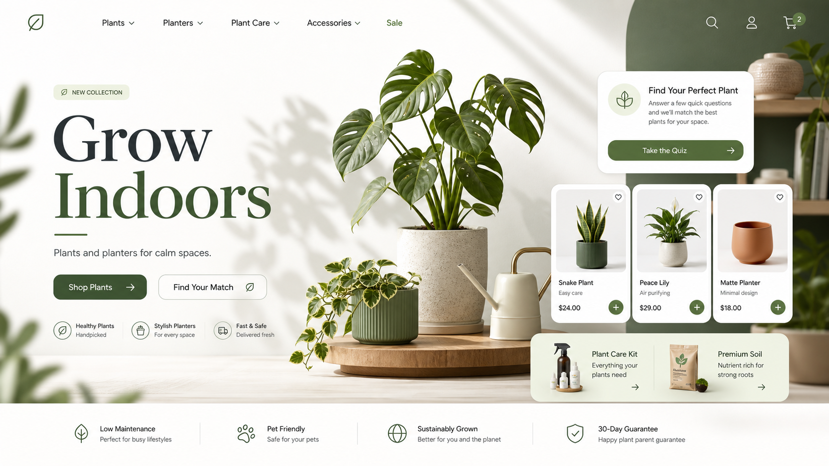 Indoor Plants and Planters ecommerce website design mockup