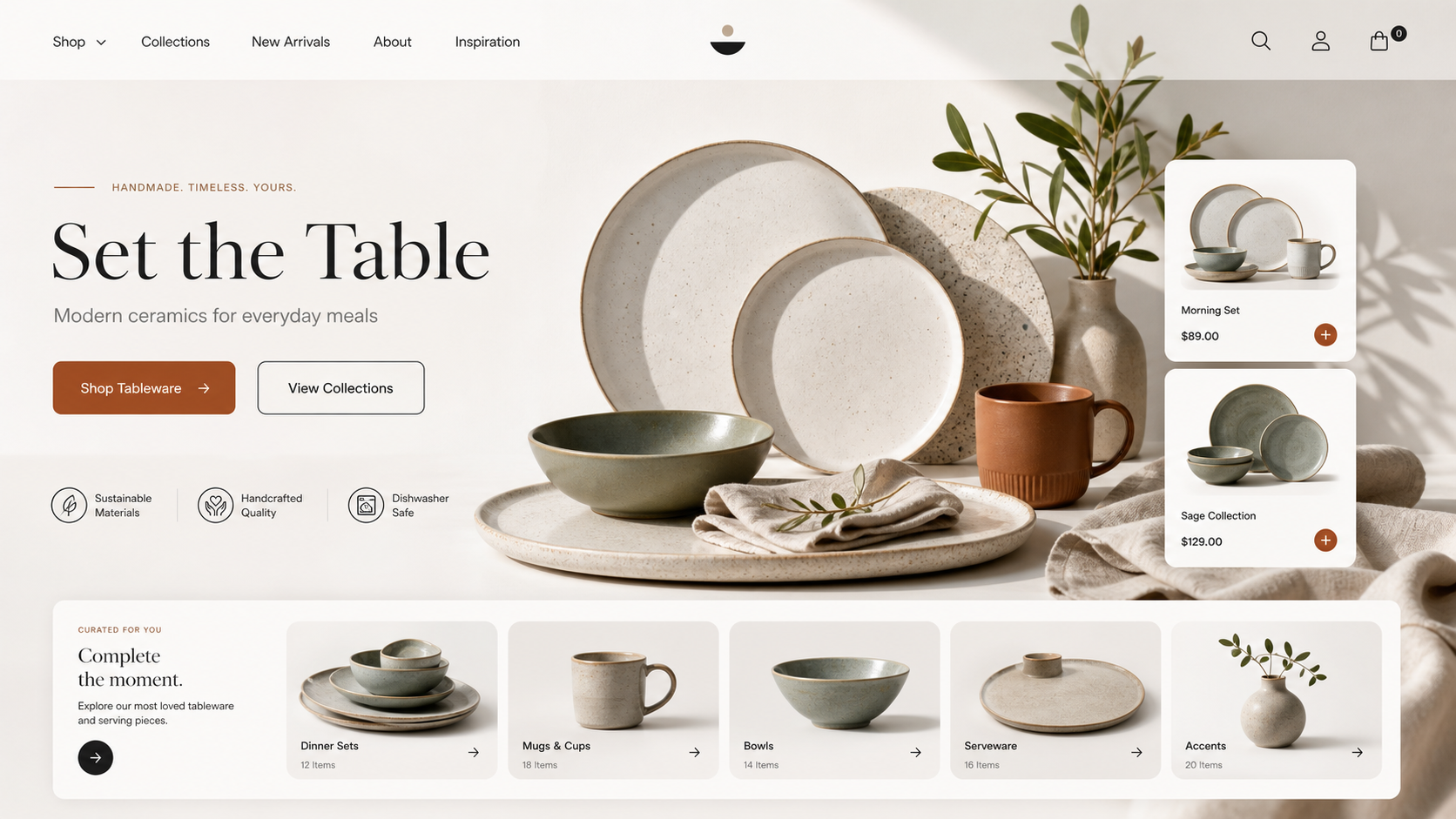 Ceramics and Tableware ecommerce website design mockup
