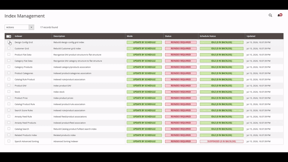 Admin Reindex for Magento 2 selecting indexers and showing background progress