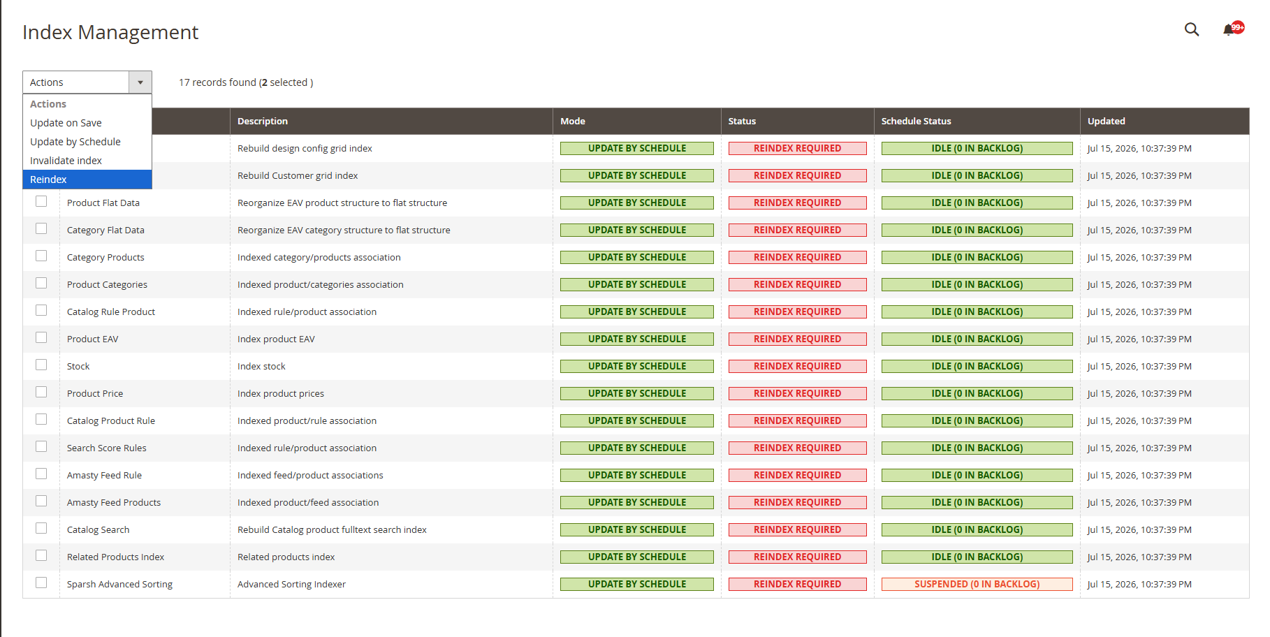 Reindex action added to the Magento Index Management actions dropdown